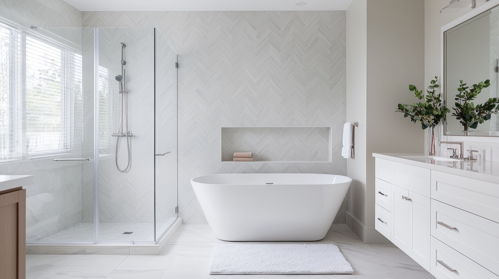 Luxury bathroom renovation with herringbone tile, freestanding tub, and glass shower by Yoline Construction